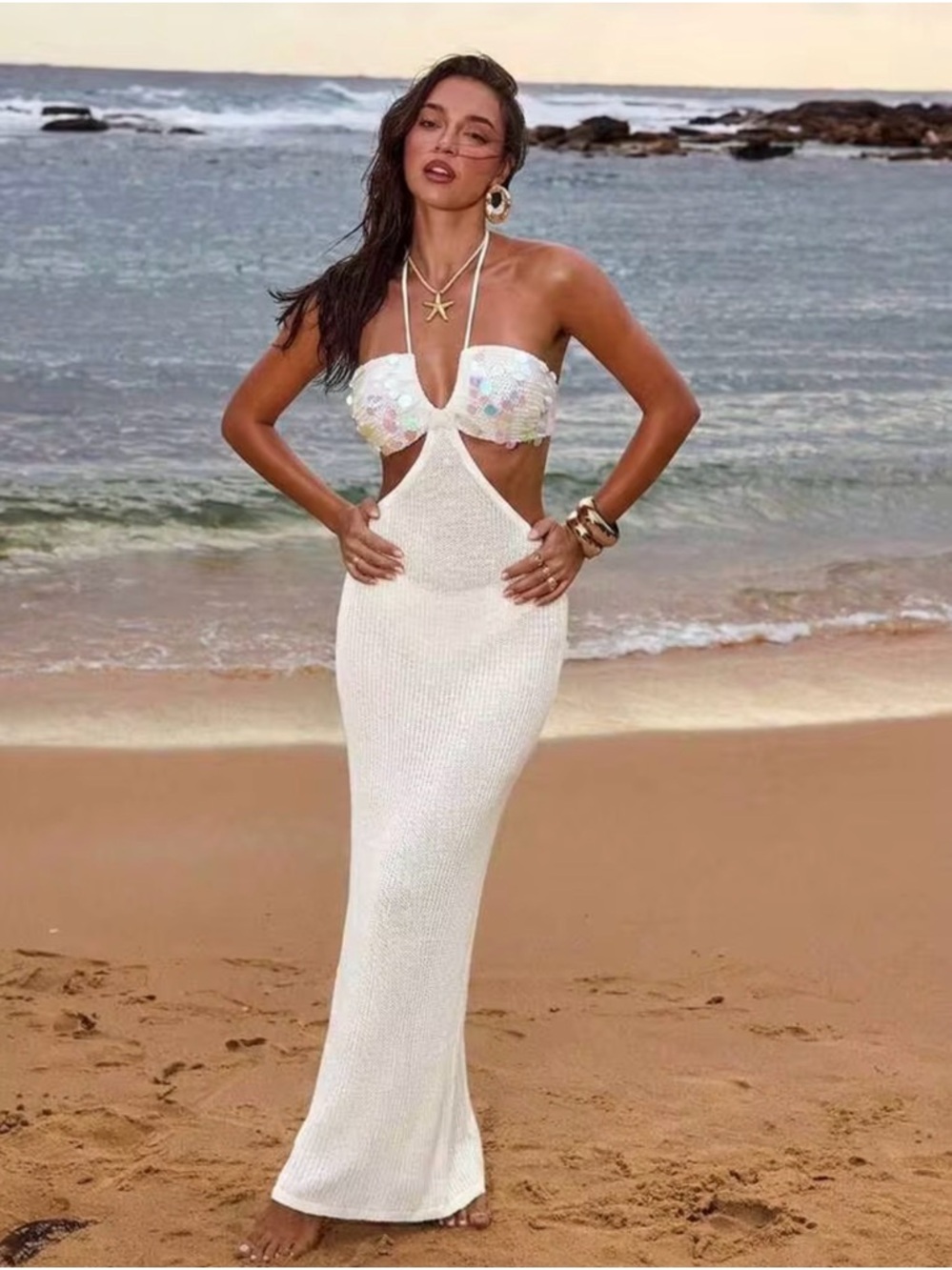 White Sequin Halter Maxi Dress with Side Cutout - Picture 8 of 11